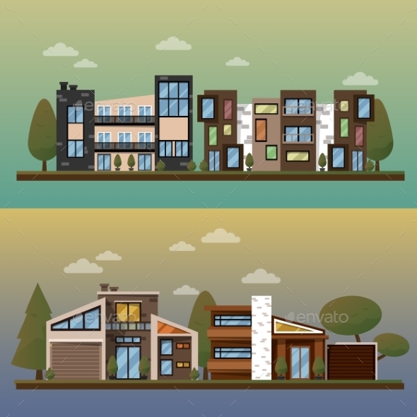 Vector Flat Illustration Of Two Family House - Buildings Objects
