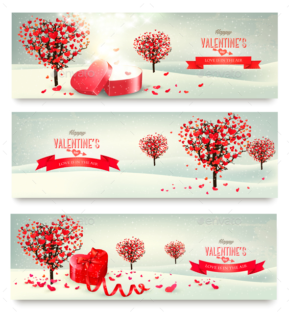 Holiday Retro Banners Valentine Trees with Heart-Shaped Leaves - Valentines Seasons/Holidays