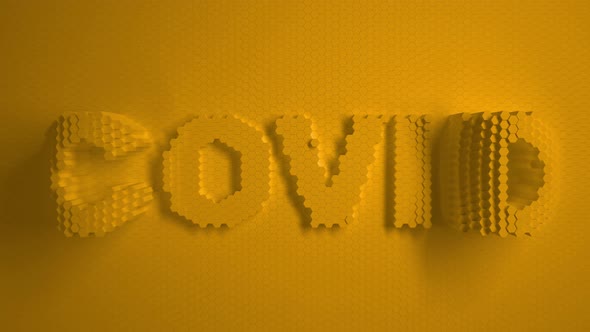 Covid Logo text Yellow mosaic surface with moving hexagons