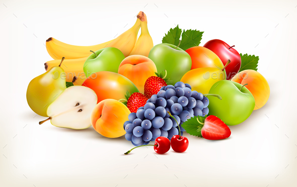 Fresh Juicy Fruit And Berries Isolated On White Background. Vector - Food Objects