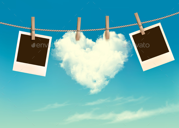 Heart Shaped Cloud On Rope And Photos Valentines Vector - Valentines Seasons/Holidays