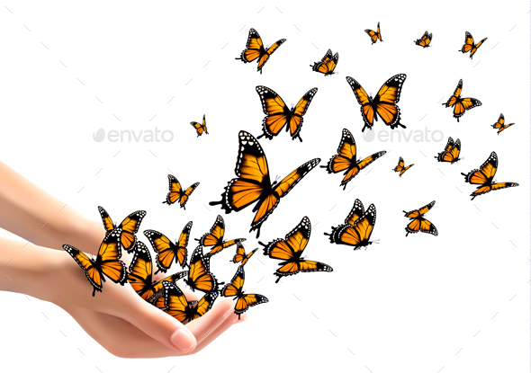 Hands Releasing Butterflies Vector - Animals Characters
