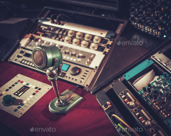 Close-up of boutique recording studio control desk. - Stock Photo - Images