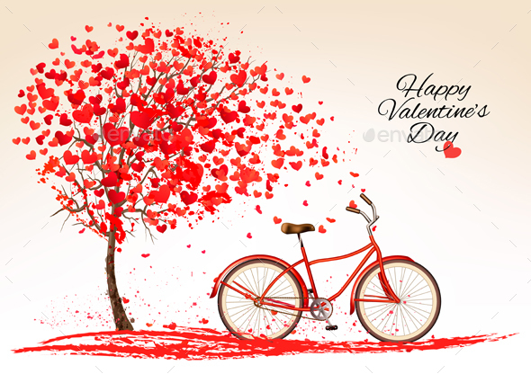 Valentines Day Background With A Bike And A Tree Vector - Valentines Seasons/Holidays