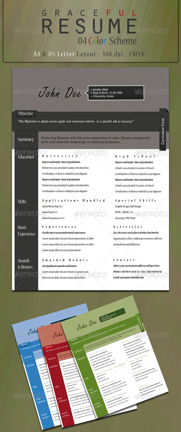 Graceful Resume (A4 & Us Letter Layout) - Resumes Stationery