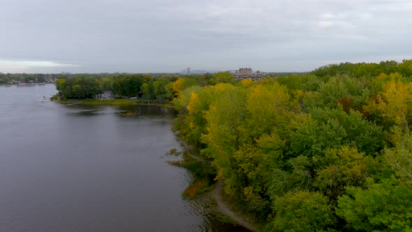 Aerial clip of fall season colors in Canada.