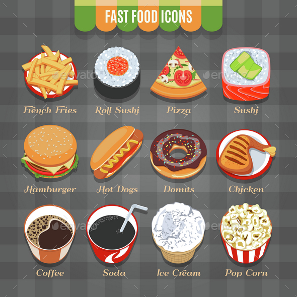 Fast Food Vector Isometric Icons Set - Food Objects