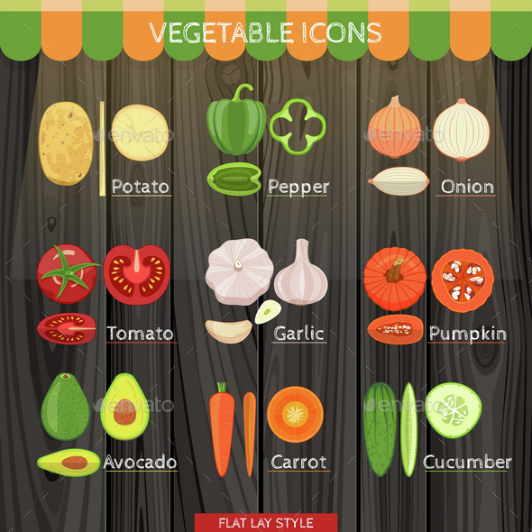 Colorful Vegetables Icon Set In The Flat Lay Style - Food Objects