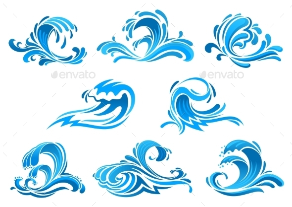 Blue Sea And Ocean Waves Or Surf Icons - Nature Conceptual