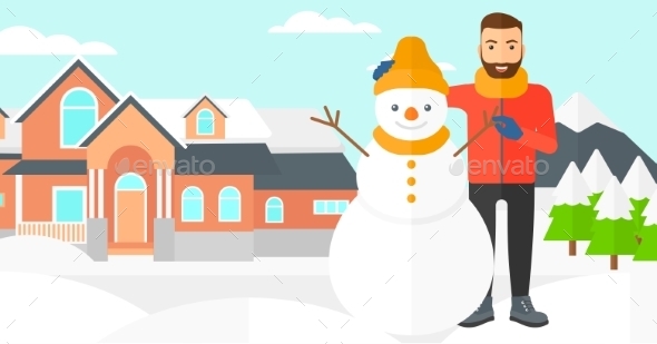 Man Posing Near Snowman - People Characters