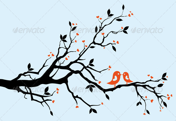 Kissing Birds On Heart Tree - Valentines Seasons/Holidays