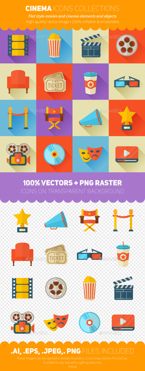 Flat Movies and Cinema Icons Set - Media Technology