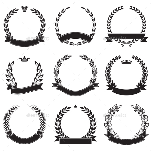 Laurel Wreaths with Ribbon Banners Set - Flourishes / Swirls Decorative