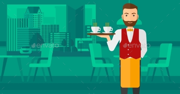 Waiter Holding Tray with Beverages - People Characters
