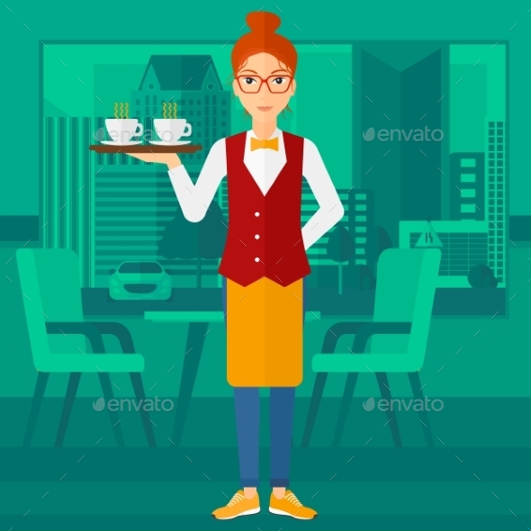 Waitress Holding Tray with Beverages - People Characters