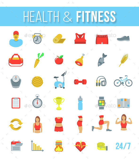Fitness Gym and Healthy Lifestyle Flat Vector Icons - Miscellaneous Icons