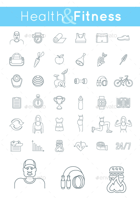 Fitness Gym and Healthy Lifestyle Flat Thin Line Icons - Miscellaneous Icons