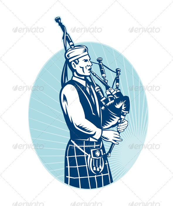 Scottish Bagpiper Playing Bagpipe Retro - People Characters