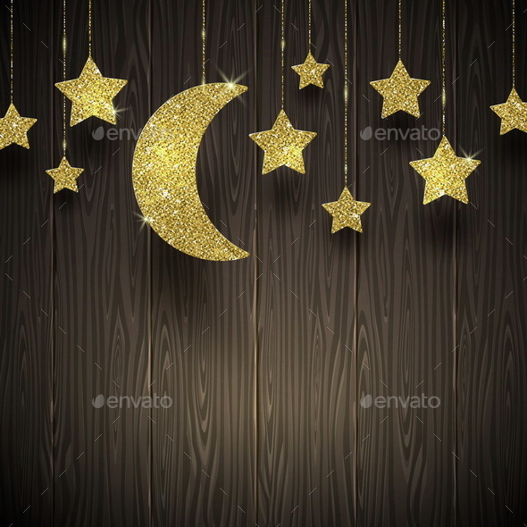 Glitter Gold Stars and Moon on a Wooden Texture Background - Backgrounds Decorative