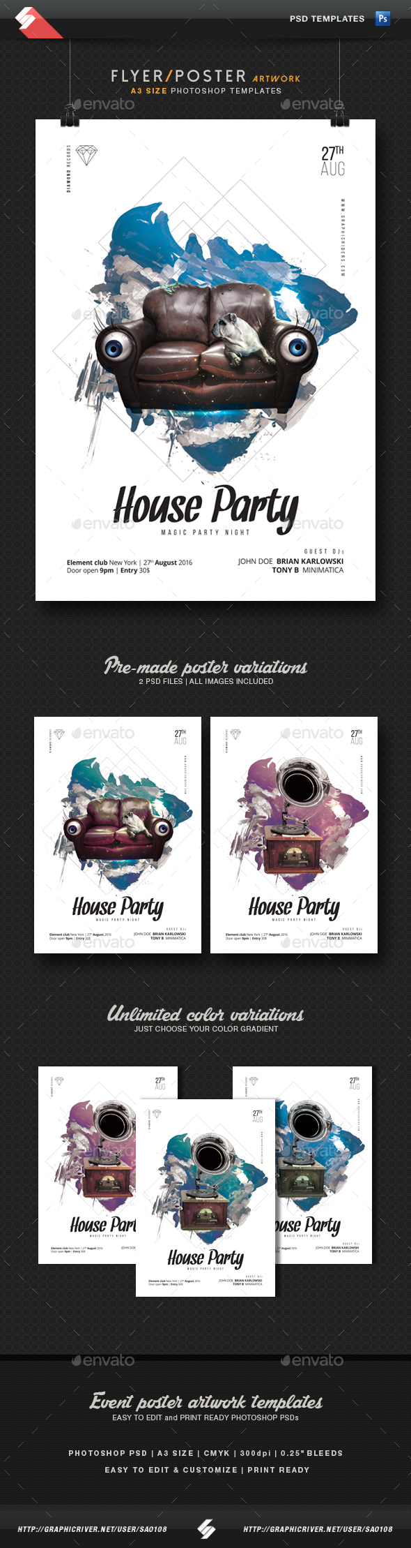 House Party - Minimal Flyer / Poster Templates A3 - Clubs & Parties Events
