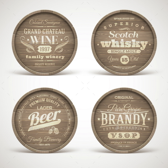 Set of Wooden Casks with Alcohol Drinks Emblems - Decorative Symbols Decorative