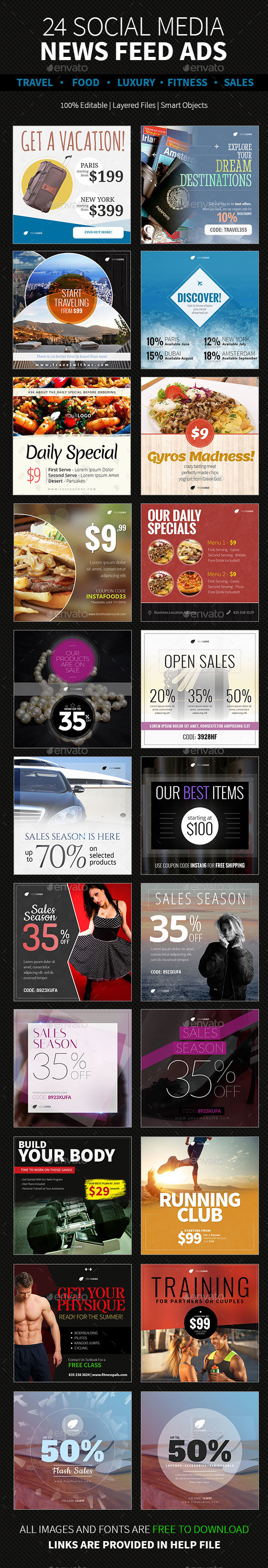 24 News Feed Ads | Category Based - Social Media Web Elements