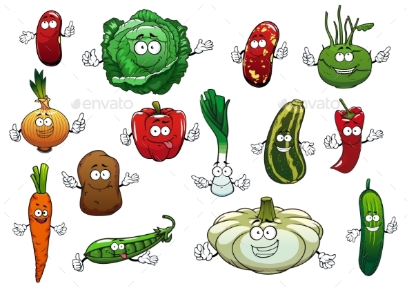Happy Cartoon Fresh Vegetables Characters - Food Objects