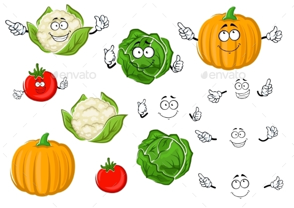Cartoon Tomato, Cabbage, Pumpkin And Cauliflower - Food Objects