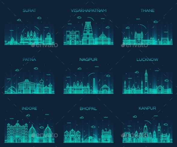 Set Indian Cities Vector Illustration Linear - Buildings Objects