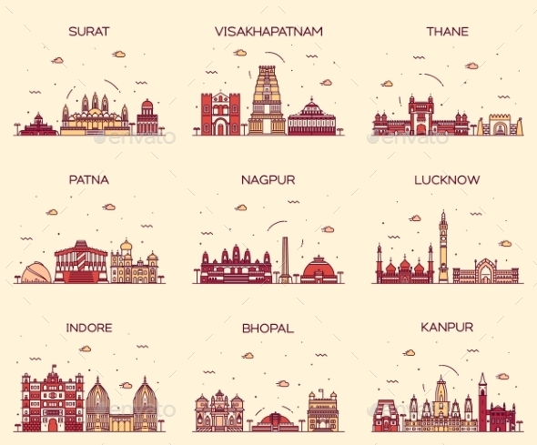 Set Indian Cities Vector Illustration Linear - Buildings Objects