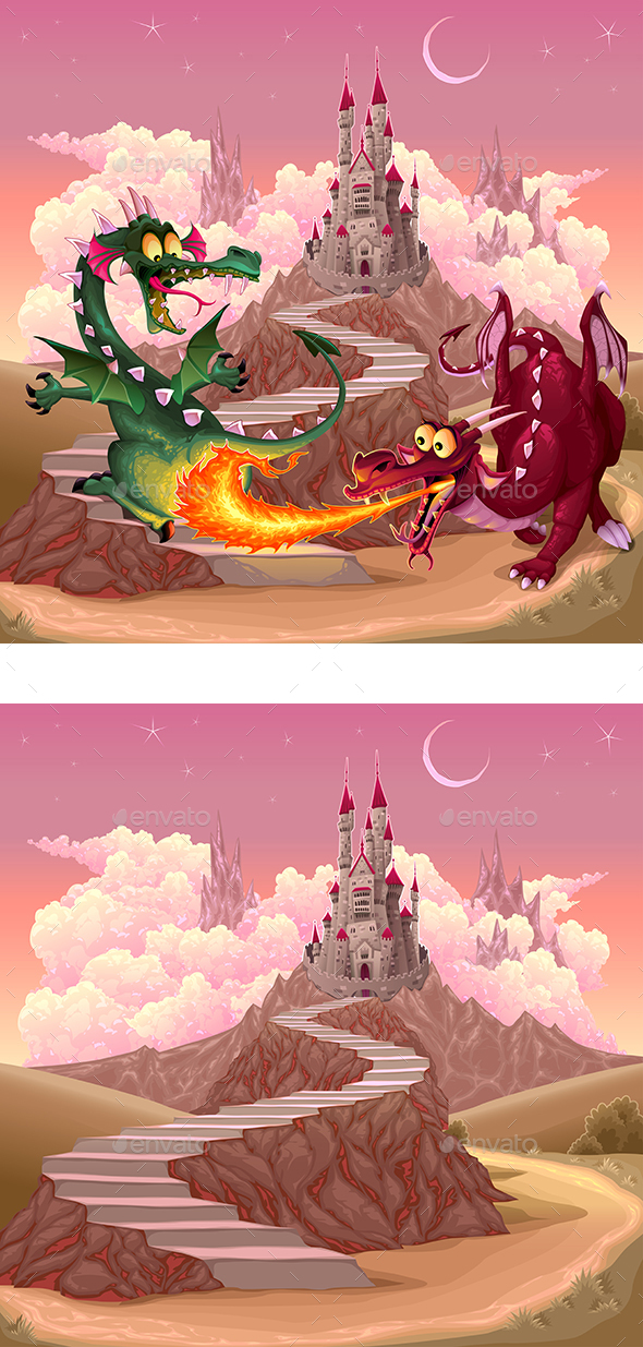 Dragons in a Fantasy Landscape with Castle - Monsters Characters