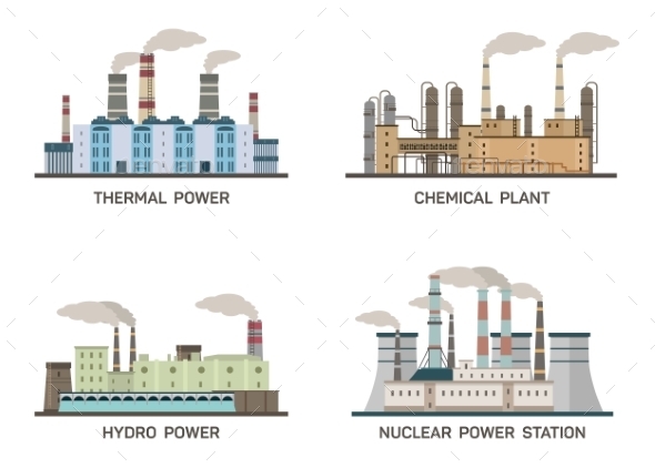 Set of Industrial Flat Illustrations - Buildings Objects