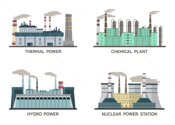 Set of Industrial Flat Illustrations - Buildings Objects