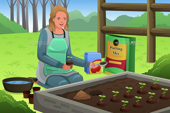 Woman Planting Herbs - People Characters