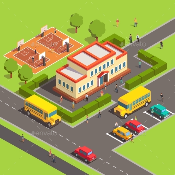 Isometric School Building with People - Miscellaneous Conceptual
