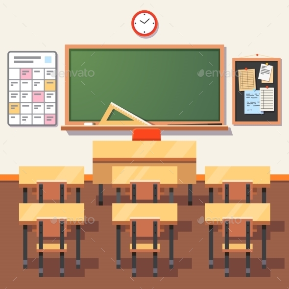 Empty School Classroom with Green Chalkboard - Miscellaneous Vectors
