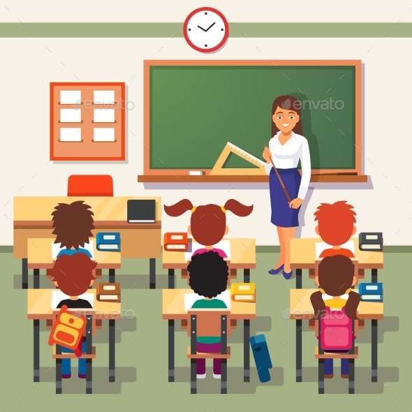 School Lesson with Young Students and Teacher - People Characters