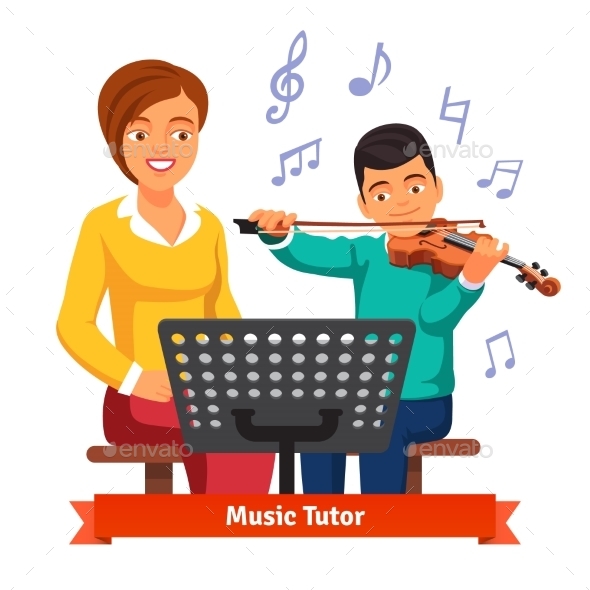 Musical Tutor Woman with Violin Student - People Characters