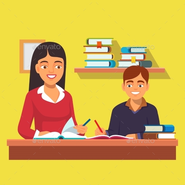 Woman Teacher Tutoring Boy at Home - People Characters