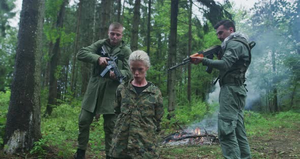 Terrorist with Weapon Captured Woman Soldier and Hostage Concept alt