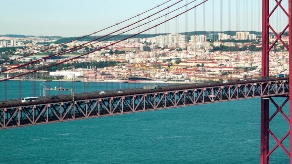 Traffic On The 25 De Abril Bridge In Lisbon Portugal