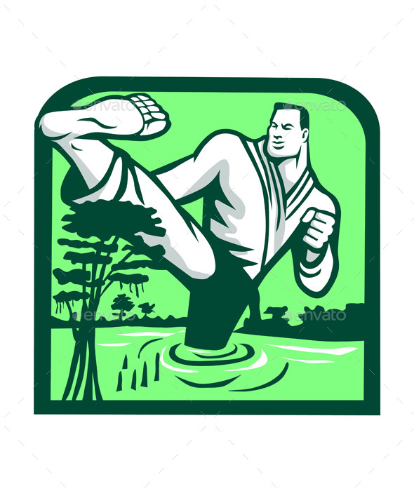 Martial Arts Fighter Kicking Cypress Tree Retro - Sports/Activity Conceptual
