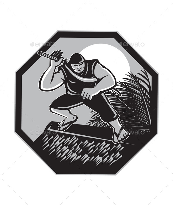 Samoan Ninja on top of Nipa Hut Retro - People Characters