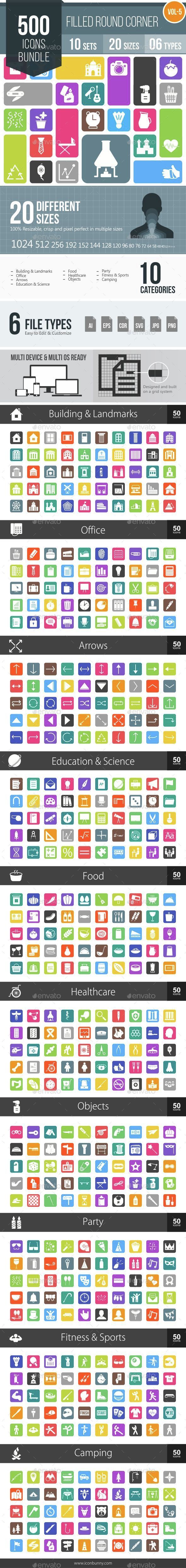 500 Vector Round Corner Colorful Flat Icons Bundle - Icons