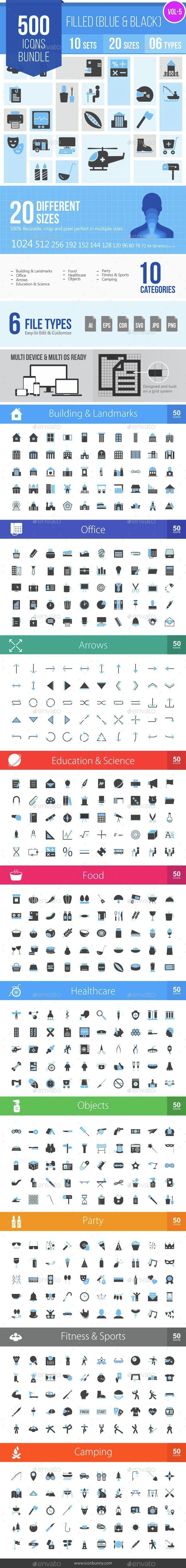 500 Vector Blue & Black Filled Icons Bundle - Icons