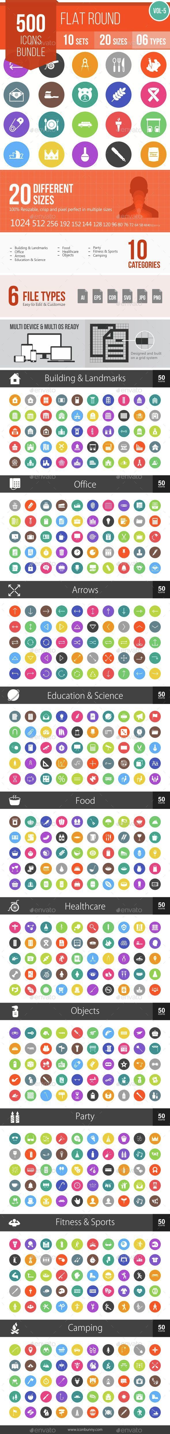 500 Vector Colorful Round Flat Icons Bundle - Icons