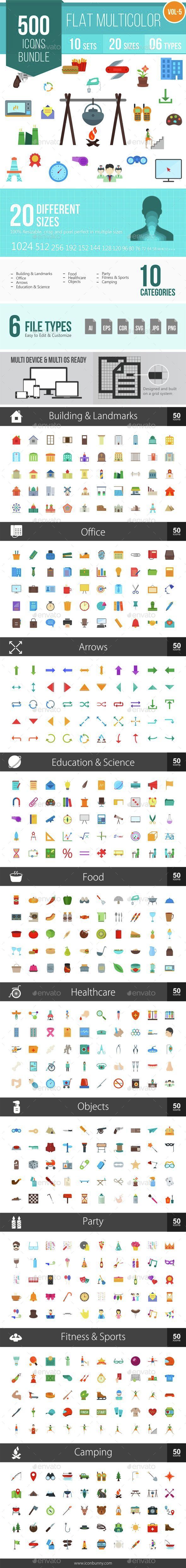500 Vector Colorful Flat Icons Bundle - Icons