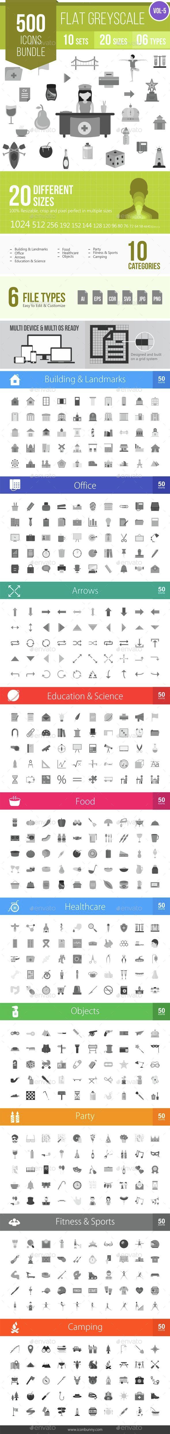 500 Vector Greyscale Flat Icons Bundle - Icons