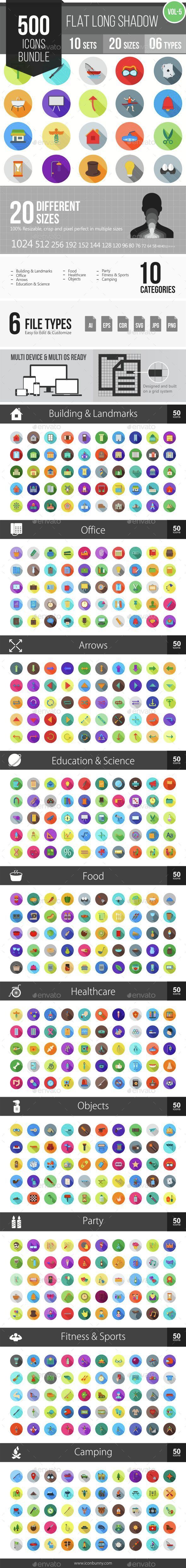 500 Vector Long Shadow Colorful Flat Icons Bundle - Icons