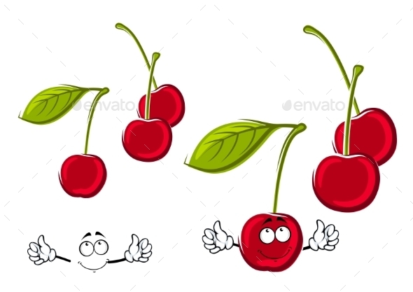 Cartoon Juicy Red Cherries Fruits - Food Objects